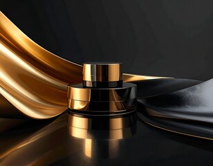 Two cosmetic jars atop a mirrored base, amid golden and black fabric