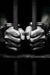 Hands in handcuffs are placed firmly on prison bars set against a dark background. The scene highlights themes of restraint and punishment