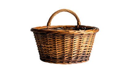 A woven brown basket with a handle, isolated on a black background (1)