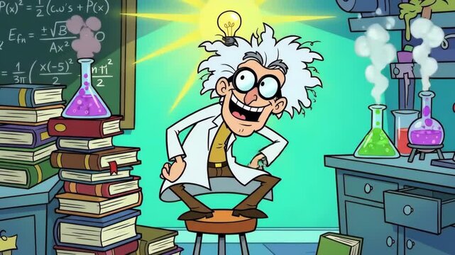 Cartoon scientist thinking deeply, developing an idea represented by a lightbulb above his head, surrounded by books and beakers in a scientific laboratory setting