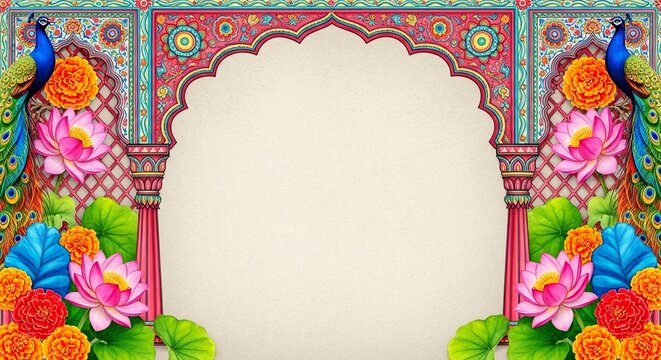 Elegant Indian Wedding Invitation Frame With Peacocks And Palace Arches