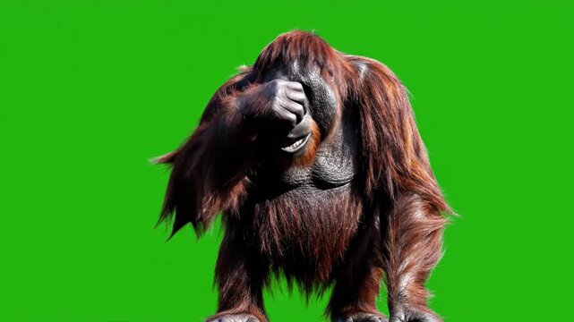 A charming orangutan with a puzzled expression against a vibrant green backdrop