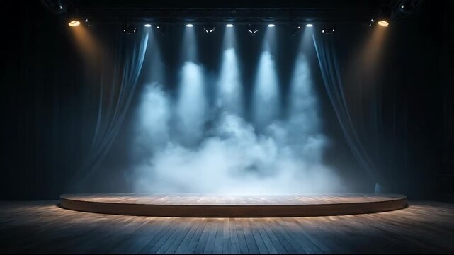 A dramatic stage with spotlights shines down on a circular platform surrounded by fog and curtains in a dark theater setting viewed from the front