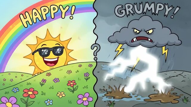 Cartoon split landscape: smiling sun and rainbow over green hills and flowers on one side, grumpy storm cloud with lightning over muddy barren ground on the other, emotion contrast