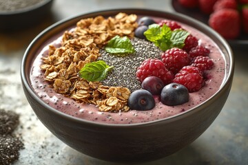 Colorful plant-based smoothie bowl with superfood toppings