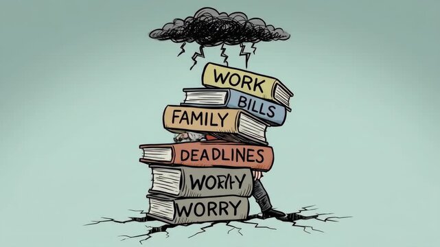 Stressed man carrying towering stack of books labeled work, bills, family, deadlines, worry under a storm cloud with lightning, symbolizing overwhelming pressure and burnout
