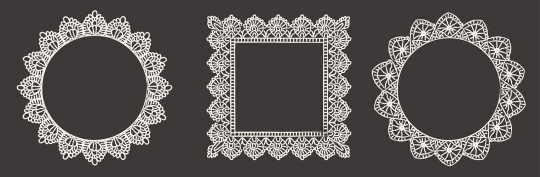 Hand drawn lace paper frames with round and square shapes, delicate floral details and crochet style edges. Romantic vintage borders for wedding invitations, valentine cards and stationery. Vector.