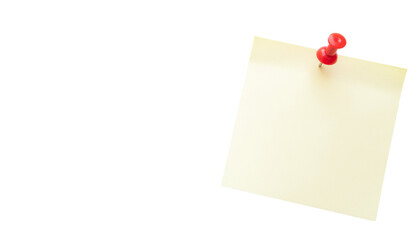 Yellow sticky note with push pin soft focus for office or personal reminders Ready for compositing on white and transparent background