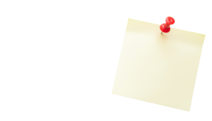 Yellow sticky note with push pin soft focus for office or personal reminders Ready for compositing on white and transparent background