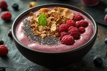 Healthy breakfast bowl with acai, granola, and fresh berries