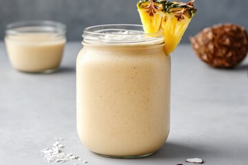 Layered smoothie with pineapple and coconut in a jar