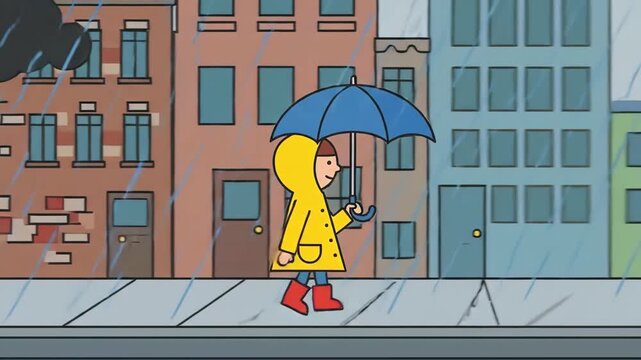 Child in yellow raincoat and red boots walks happily with a blue umbrella through rainy city streets under a dark cloud, splashing puddles during a stormy day