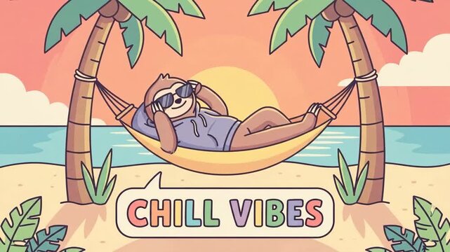 Sloth wearing sunglasses relaxing in a hammock tied between palm trees on a tropical beach at sunset, with a speech bubble showing chill vibes text in a fun doodle style