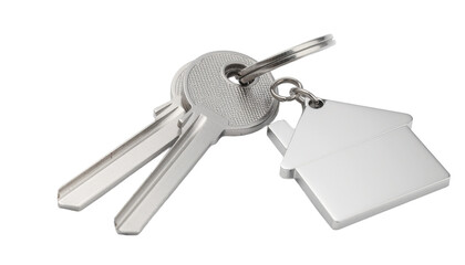 House keys with house shaped keychain for real estate concept On white and transparent