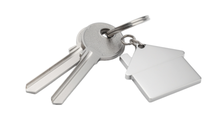 House keys with house shaped keychain for real estate concept On white and transparent