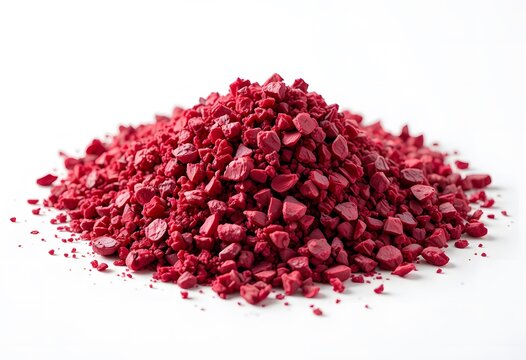A vibrant pile of crimson-red, irregularly shaped crumbs on a pristine white surface. beet pulp