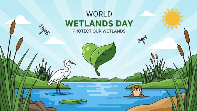World wetlands day illustration with white heron dragonflies and otter in natural habitat