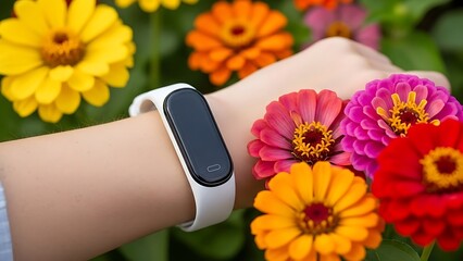 White fitness tracker on wrist with colorful flowers in background
