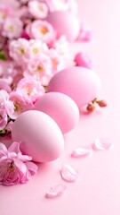 Pastel scene of light pink eggs nestled among delicate, blooming cherry blossoms on a smooth, light pink surface