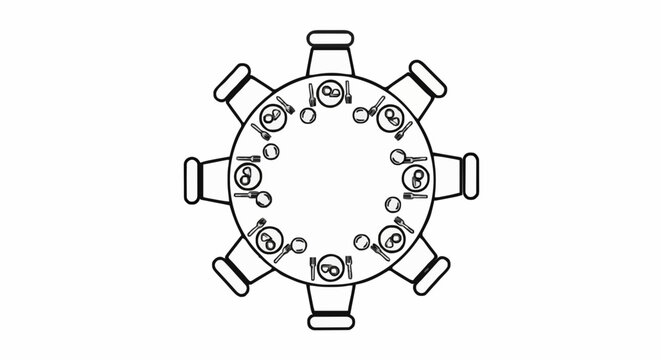 Eid Dining and Gathering icon featuring a top-down view of a large round table with eight chairs and place settings