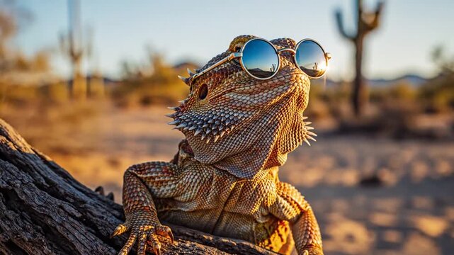 Desert lizard wearing sunglasses sitting on a branch illuminated by sunlight in a natural setting