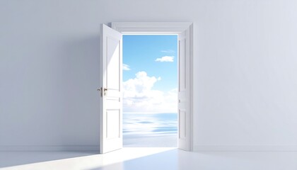 Open white door in a white room, revealing a bright blue sky and ocean