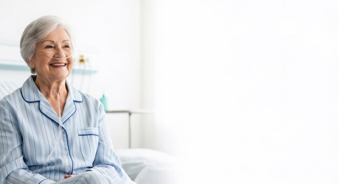 Happy senior woman connected to nasal cannula smiling at hospital recovery. Eldery lady in pajamas receiving oxygen therapy for health.