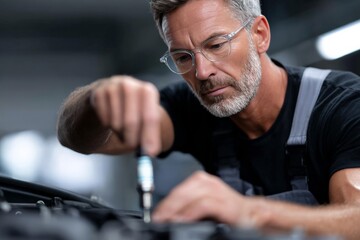 Mature caucasian male mechanic fixing engine with focus and precision