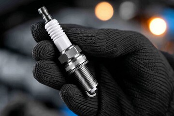 Automotive spark plug held by hand in black glove