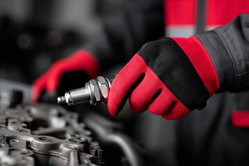 Mechanic in red gloves working on engine with spark plug