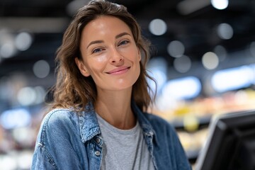 Smiling caucasian woman in denim jacket shopping at grocery store