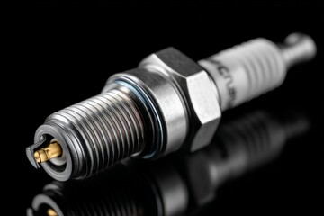 Close-up of automotive spark plug on black reflective surface