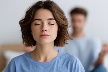 Young caucasian female meditating with partner in background, peaceful home setting