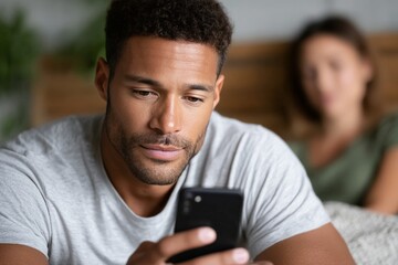 Young african male focused on smartphone with distracted female in background