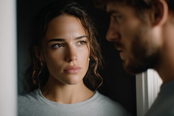Intense young hispanic female and caucasian male exchange in close-up portrait