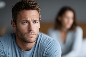 Pensive caucasian male adult in blue shirt with blurred female in background