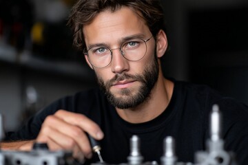 Young caucasian male mechanic with beard working in garage