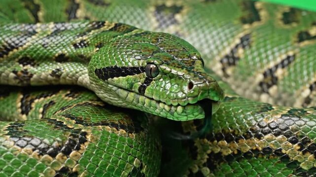 A stunning close-up of a vibrant green snake, highlighting its intricate scales and captivating gaze. Its body is coiled, displaying detailed patterns.