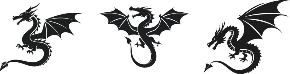 Three stylized black dragons with wings, each displaying unique features and poses, perfect for fantasy-themed designs or illustrations.