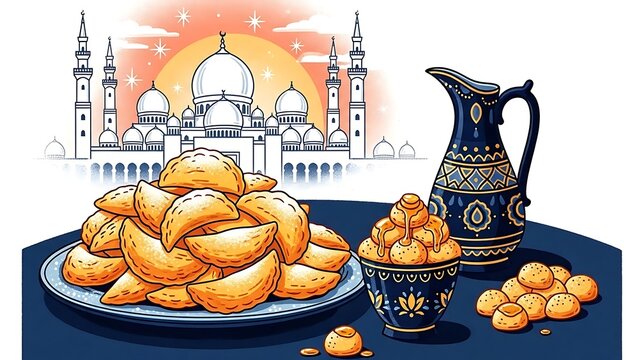 Traditional Ramadan snacks and sweets with an ornamental pitcher and mosque silhouette background at sunset, Iftar concept illustration.
