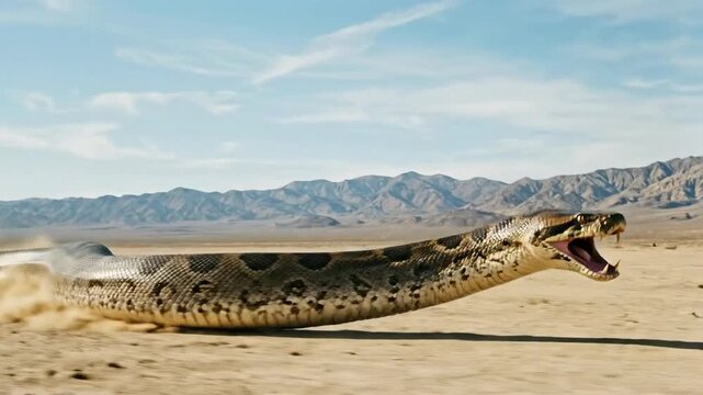 A large snake is coiled on the ground with its mouth open. It appears to be in a desert environment.