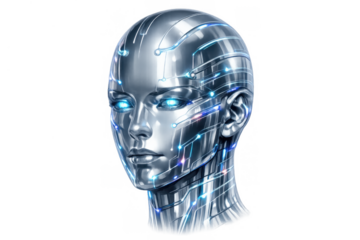 Female robot head with glowing blue eyes, artificial intelligence, cyborg brain, future technology concept