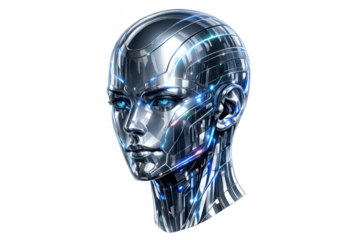 Robot head with glowing blue eyes representing artificial intelligence, technology, and future innovation, transparent background