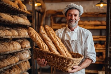 A proud, smiling artisan baker, distinguished by his grey beard and traditional uniform, stands warmly amidst his craft. He holds a rustic woven basket brimming with freshly baked, golden-brown baguet