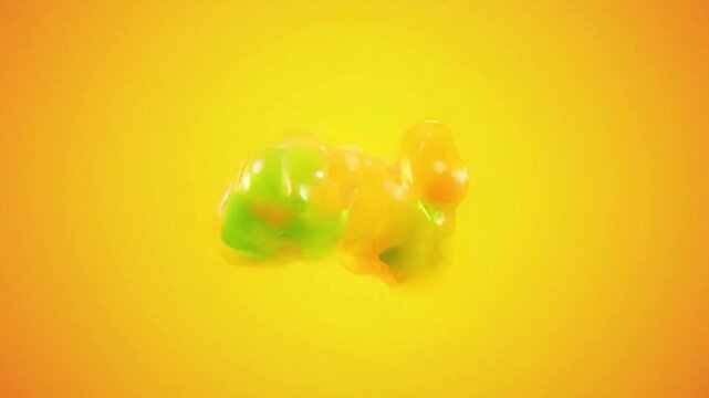 Dynamic abstract motion of shiny, organic teal orange-green liquid blobs and smooth amorphous shapes floating and gently morphing against a vibrant cyan backdrop. Glossy reflections.