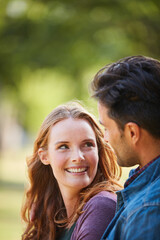 Obraz premium Love, hug and date with couple in park for romance, marriage and smile together. Summer, honeymoon and relationship with man and woman bonding in nature for support, connection and happiness
