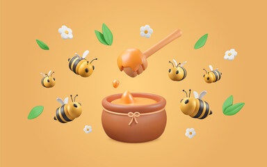 Beekeeping banner with 3d cartoon elements. Pot with honey, bees flying with flowers, leaves. Summer meadow objects. Farm organic product, apiculture pattern, natural food. Vector illustration.