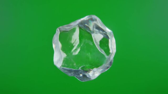 Transparent Ice Cube on Green Background.