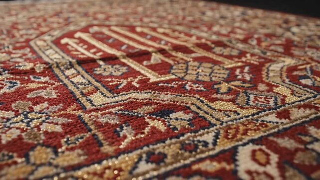 Close-up cinematic tracking of a handmade prayer rug revealing rich Persian weaving and Mihrab design