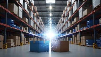 Two boxes with glowing energy in a warehouse with shelves and boxes